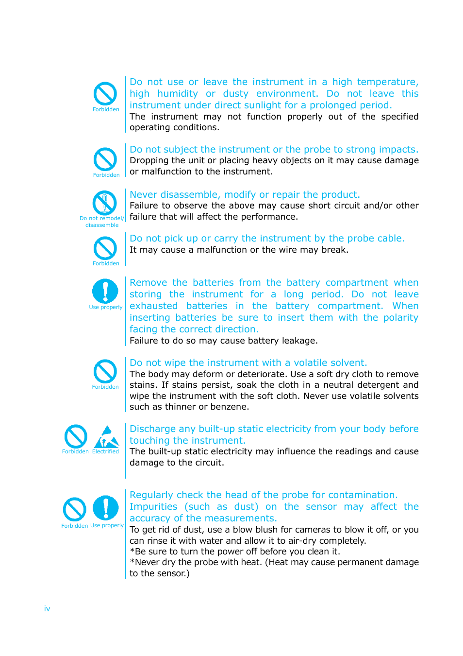 Never disassemble, modify or repair the product, Do not wipe the instrument with a volatile solvent | KANOMAX 6036 Multi-function thermal anemometer User Manual User Manual | Page 5 / 37