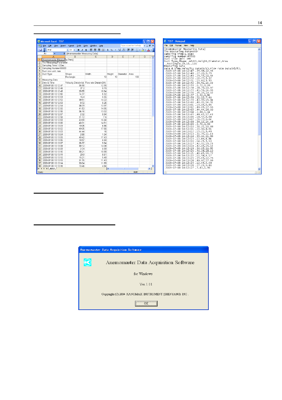 3 example of saved data, 4 display language, 5 software information | KANOMAX 6036 Multi-function thermal anemometer Software Manual User Manual | Page 18 / 23