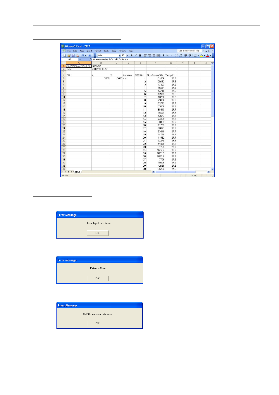 3 example of stored data, 4 error message | KANOMAX 6036 Multi-function thermal anemometer Software Manual User Manual | Page 21 / 23