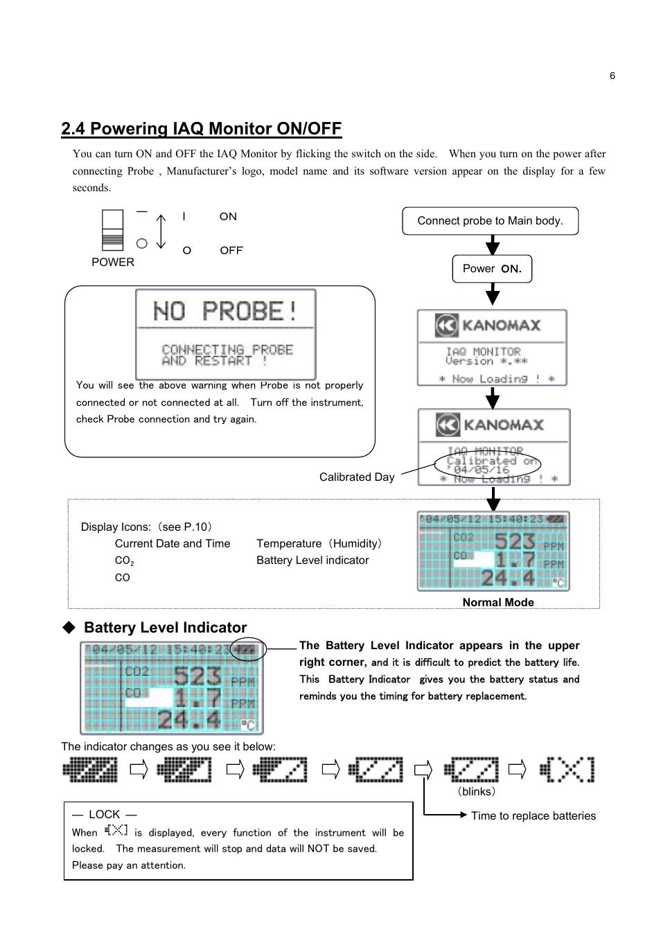 4 powering iaq monitor on/off, Battery level indicator | KANOMAX 2211 Handheld IAQ Monitor User Manual | Page 11 / 57