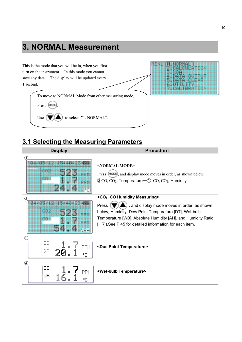 Normal measurement, 1 selecting the measuring parameters | KANOMAX 2211 Handheld IAQ Monitor User Manual | Page 15 / 57