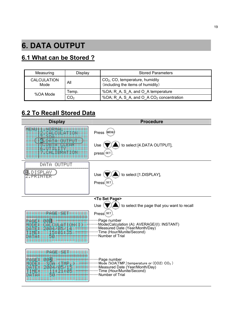 Data output, 1 what can be stored, 2 to recall stored data | KANOMAX 2211 Handheld IAQ Monitor User Manual | Page 24 / 57