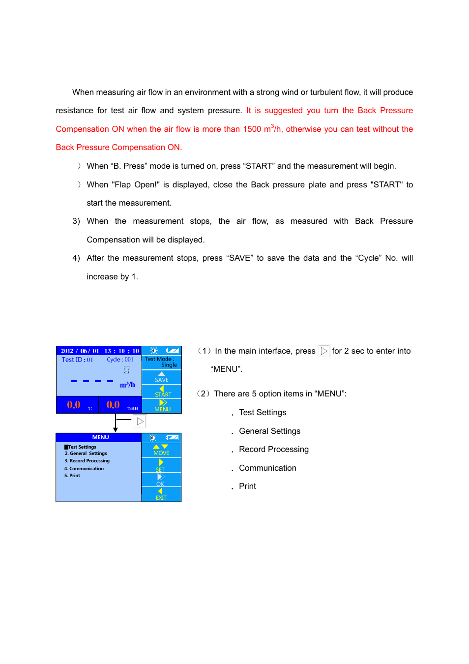 4 back pressure compensation measurement mode, Display menu settings | KANOMAX 6710 TABmaster Capture Hood User Manual User Manual | Page 19 / 33