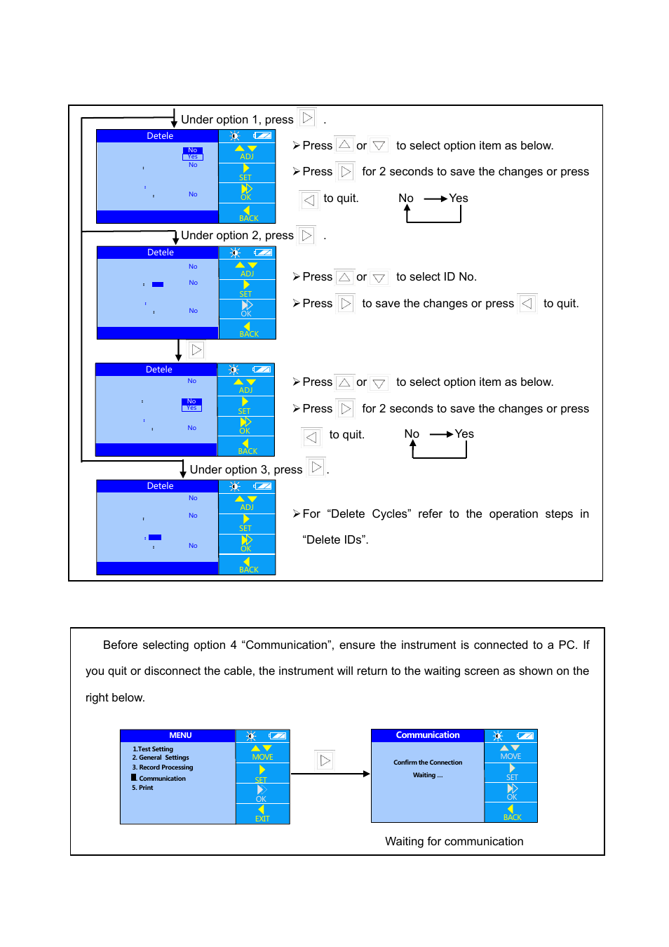 4 communication settings, Press to quit | KANOMAX 6710 TABmaster Capture Hood User Manual User Manual | Page 27 / 33