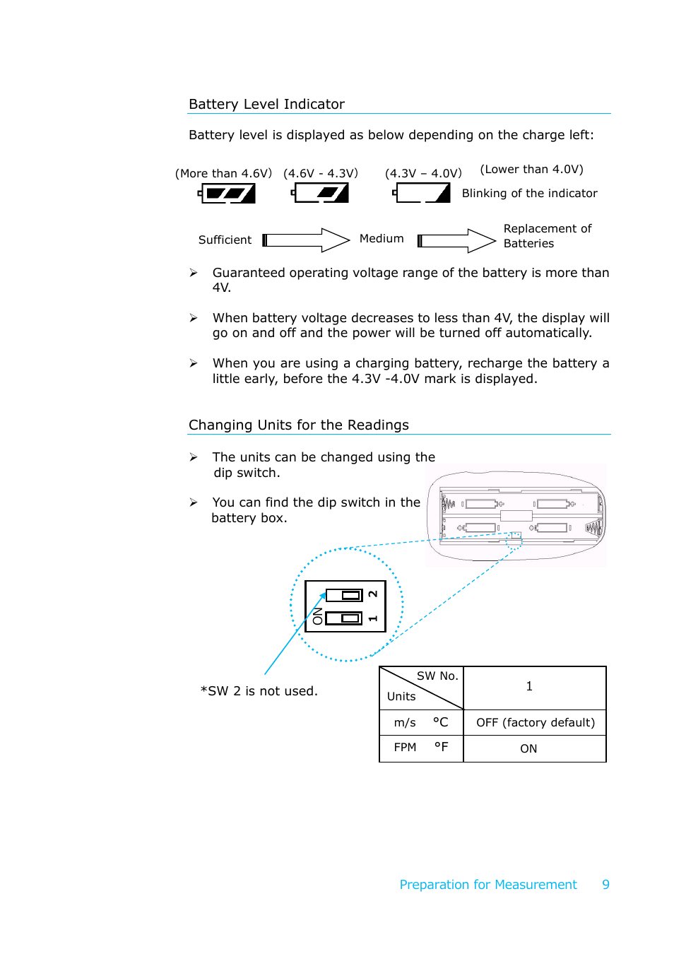 Battery level indicator, Changing units for the readings | KANOMAX 6006 Anemomaster LITE User Manual | Page 10 / 17