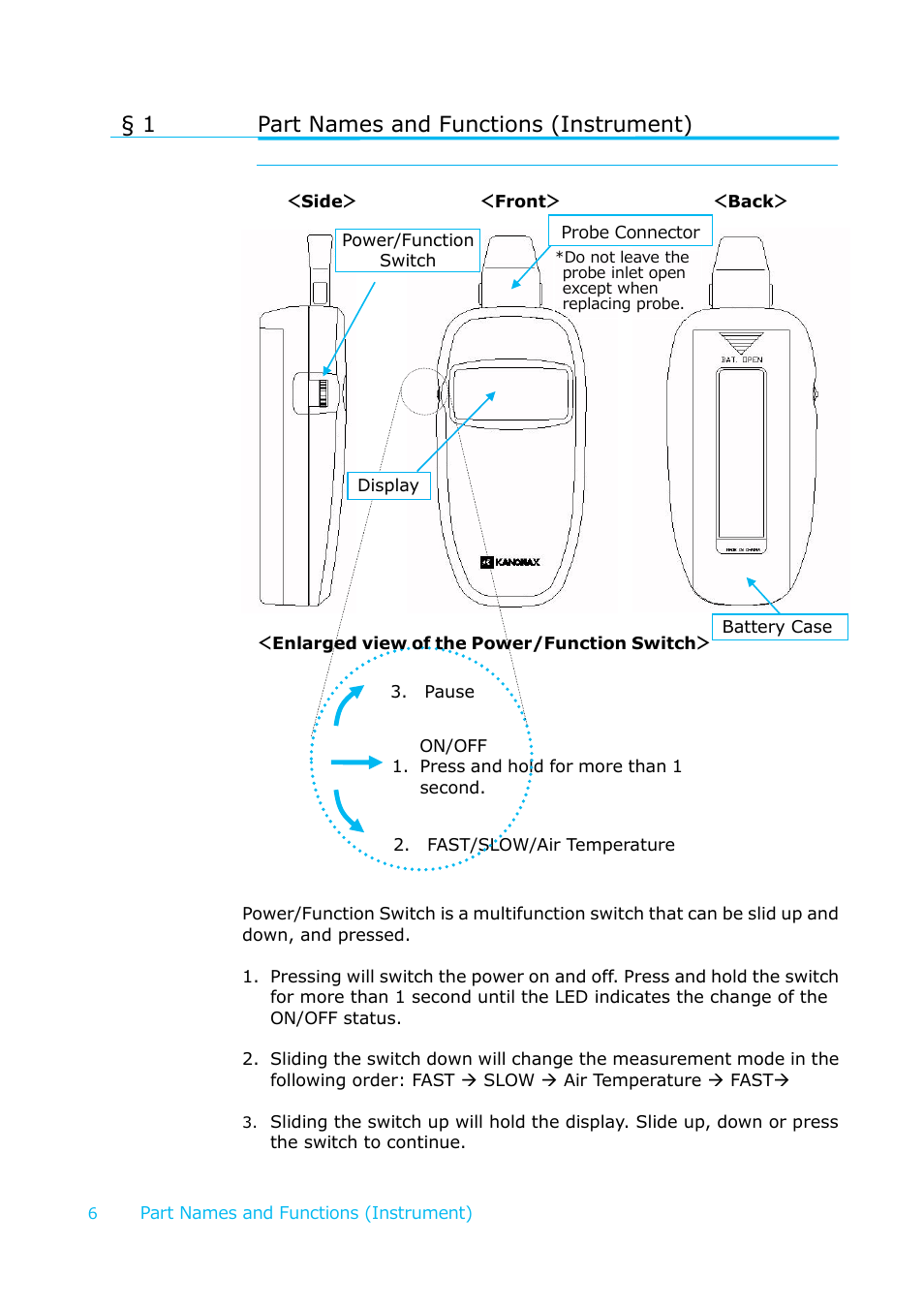Part names and functions (instrument), Part names and functions (main body), 1 part names and functions (instrument) | KANOMAX 6006 Anemomaster LITE User Manual | Page 7 / 17