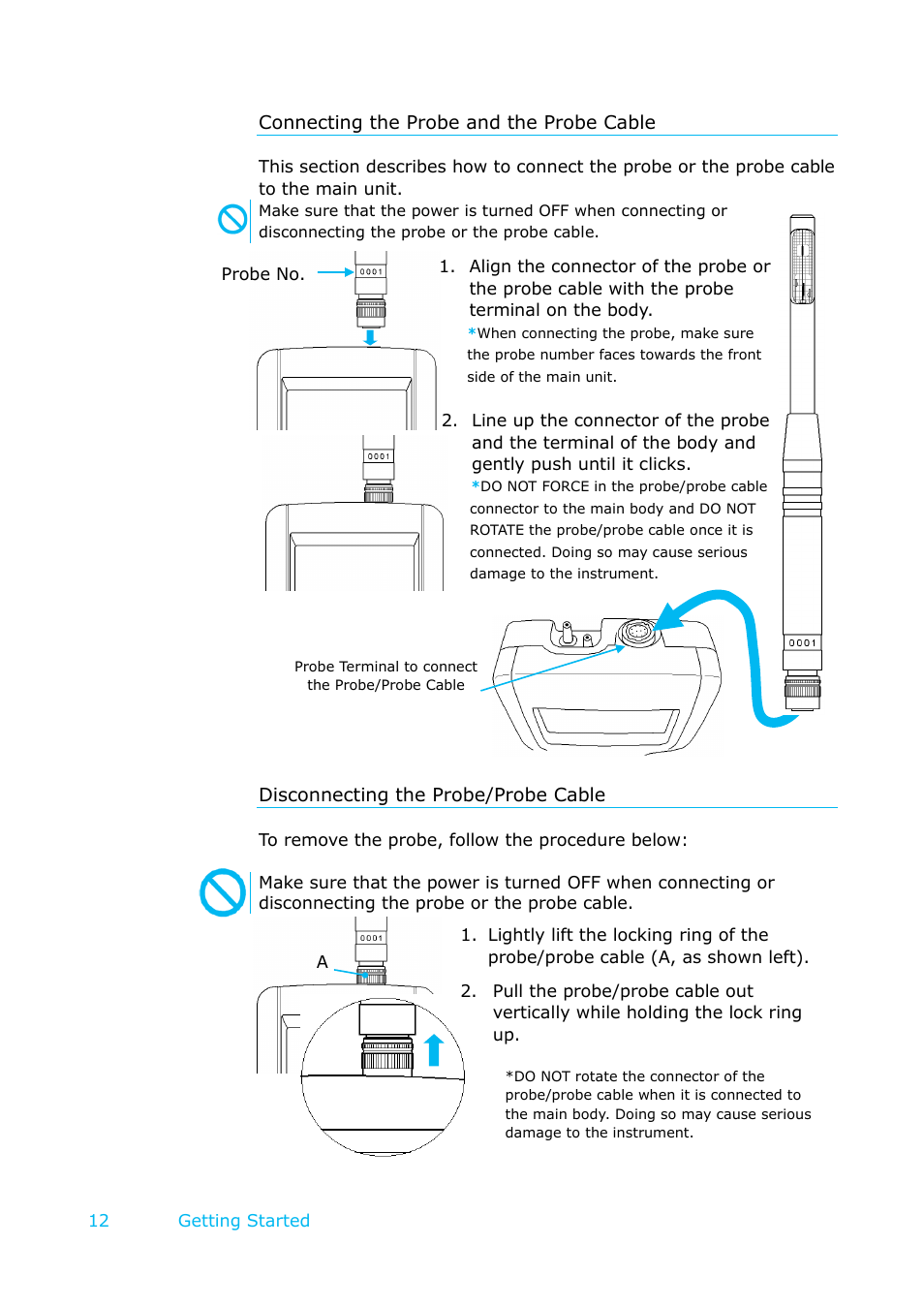 Connecting the probe and the probe cable, Disconnecting the probe/probe cable | KANOMAX 6501 series Climomaster User Manual | Page 13 / 64