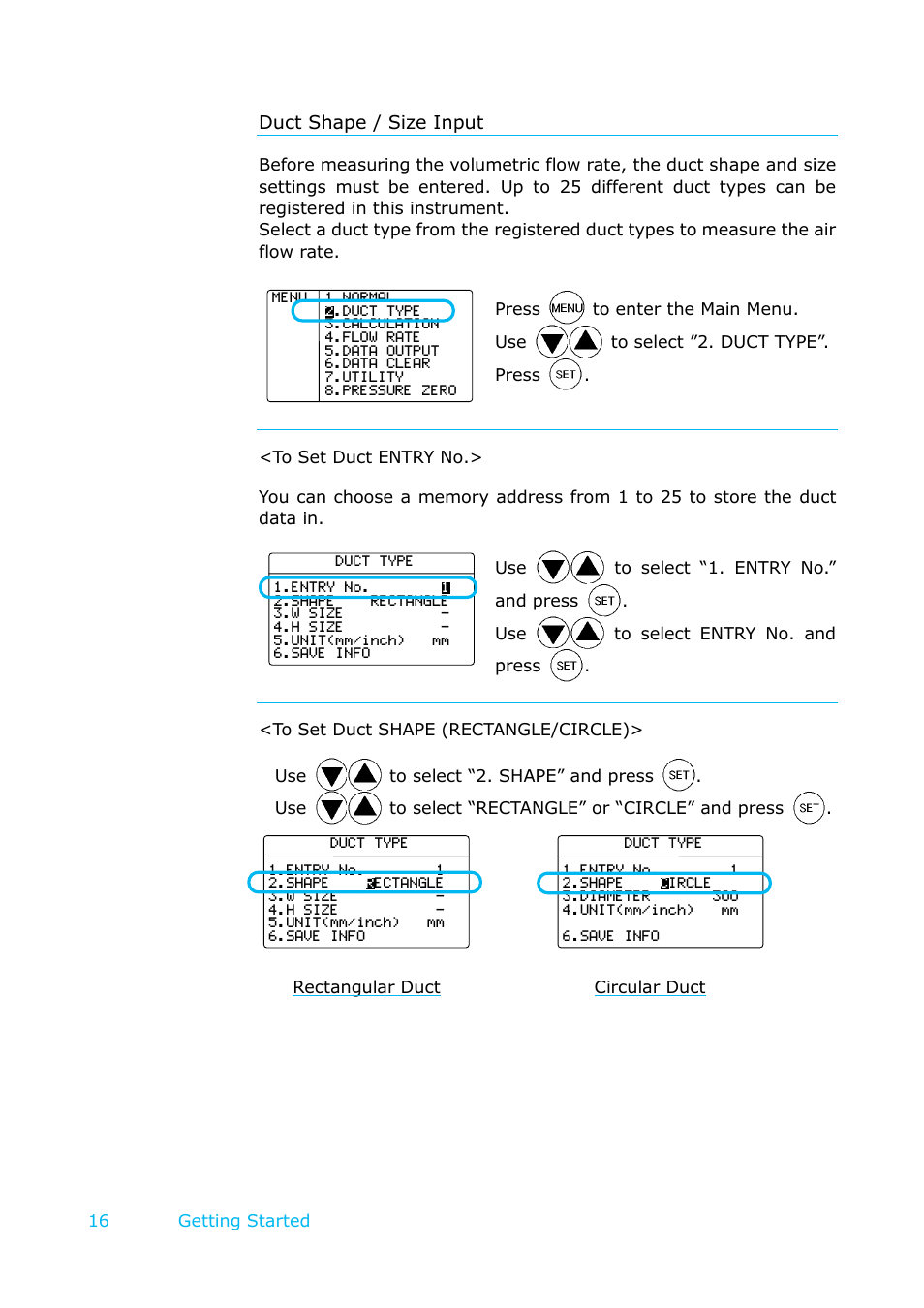 Duct shape / size input, 16 getting started | KANOMAX 6501 series Climomaster User Manual | Page 17 / 64