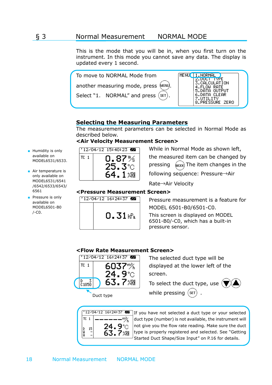 Normal measurement normal mode, 3 normal measurement normal mode, Selecting the measuring parameters | KANOMAX 6501 series Climomaster User Manual | Page 19 / 64