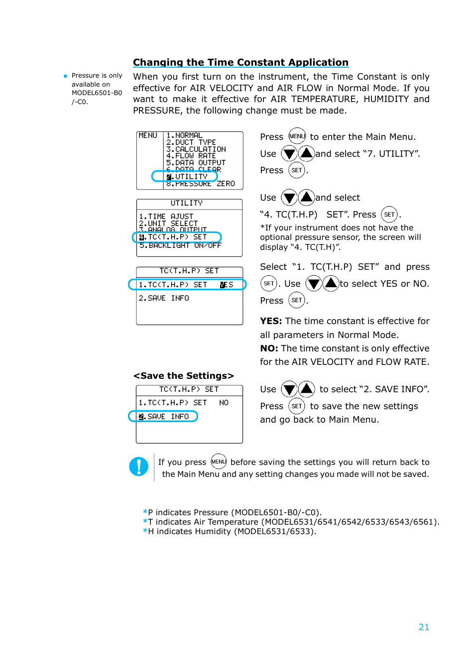 Changing the time constant application | KANOMAX 6501 series Climomaster User Manual | Page 22 / 64