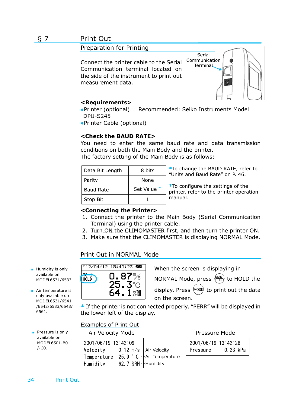 Print out, Preparation for printing, Print out in normal mode | 7 print out | KANOMAX 6501 series Climomaster User Manual | Page 35 / 64