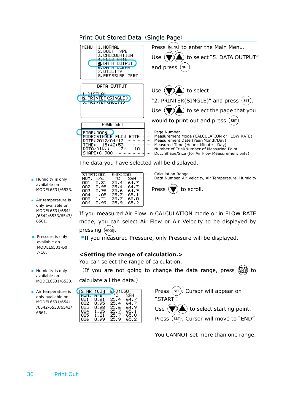 Print out stored data（single page, 36 print out | KANOMAX 6501 series Climomaster User Manual | Page 37 / 64