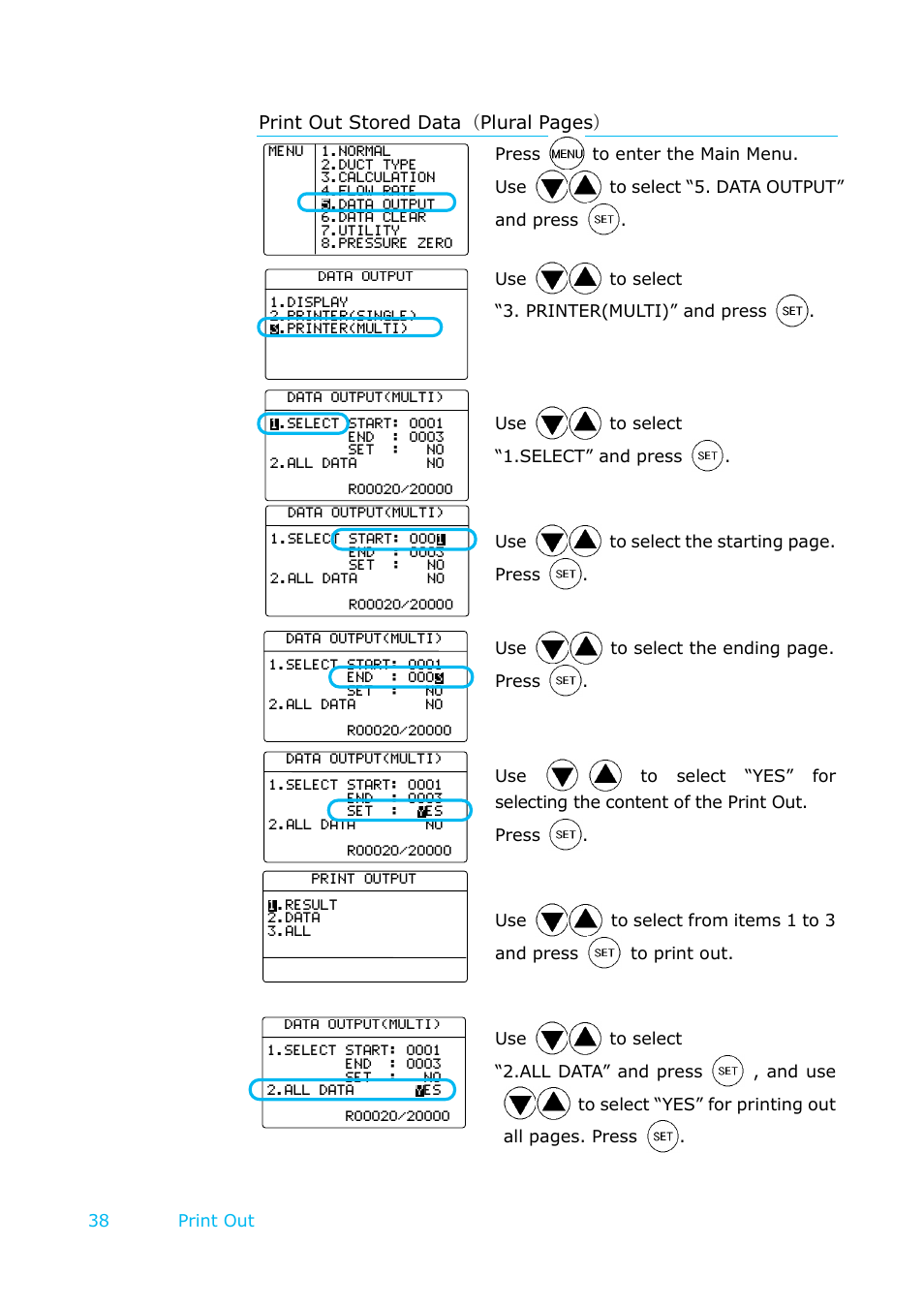 Print out stored data（plural pages, 38 print out, Press to enter the main menu | KANOMAX 6501 series Climomaster User Manual | Page 39 / 64