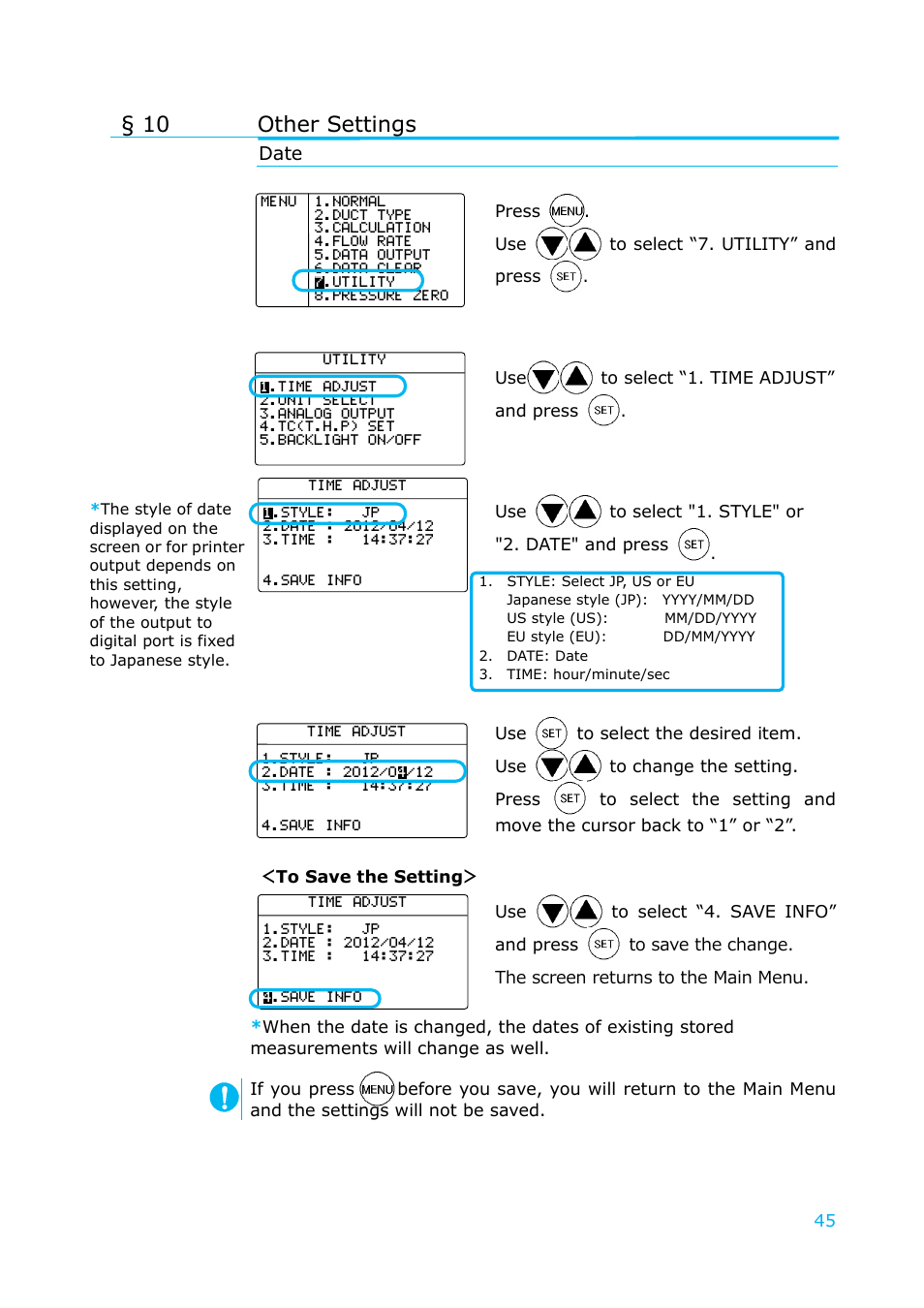 Other settings, Date, 10 other settings | KANOMAX 6501 series Climomaster User Manual | Page 46 / 64