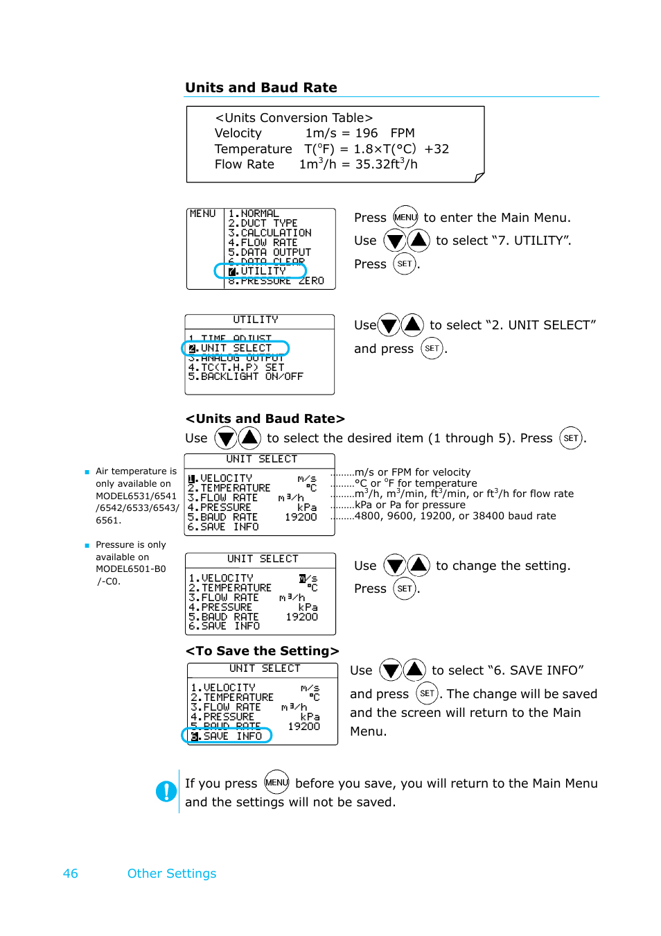 Units and baud rate, 46 other settings, H = 35.32ft | KANOMAX 6501 series Climomaster User Manual | Page 47 / 64