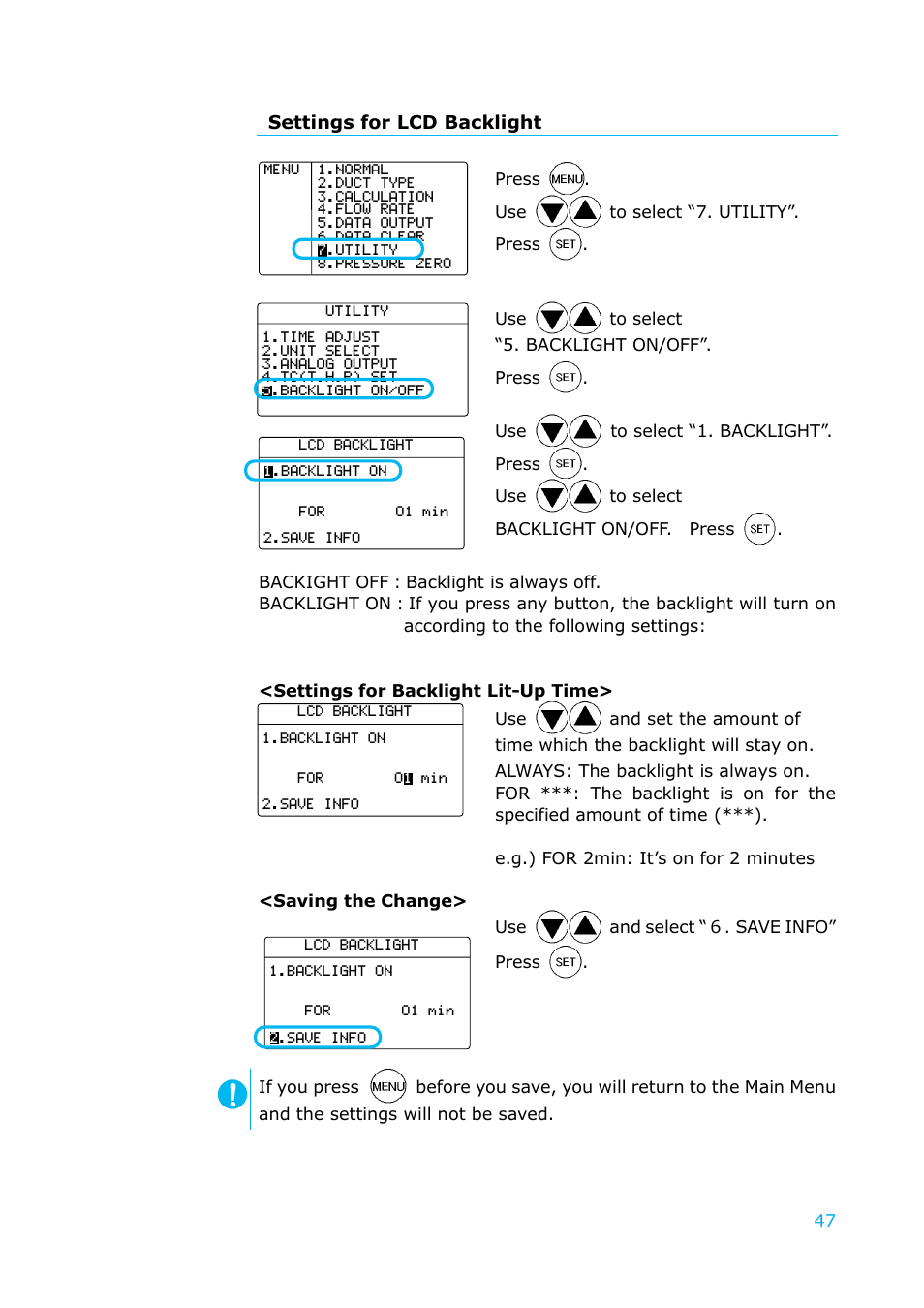 Settings for lcd backlight | KANOMAX 6501 series Climomaster User Manual | Page 48 / 64