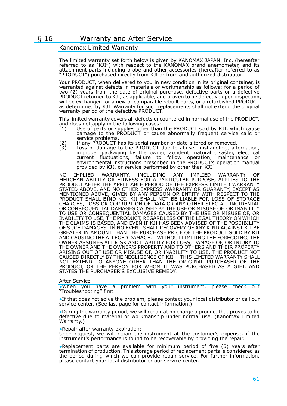 Warranty and after service, Kanomax limited warranty, 16 warranty and after service | KANOMAX 6501 series Climomaster User Manual | Page 62 / 64