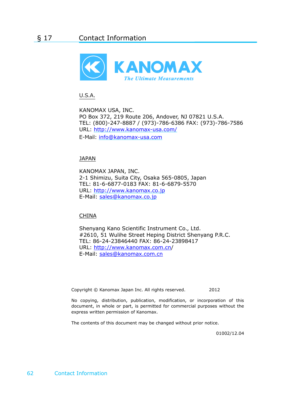 Contact information, E 62, 17 contact information | KANOMAX 6501 series Climomaster User Manual | Page 63 / 64
