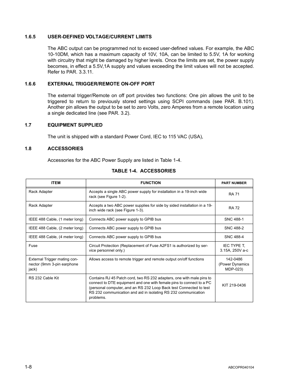 5 user-defined voltage/current limits, 6 external trigger/remote on-off port, 7 equipment supplied | 8 accessories, Table 1-4. accessories, User-defined voltage/current limits -8, External trigger/remote on-off port -8, Equipment supplied -8, Accessories -8 | KEPCO ABC-DM SERIES User Manual | Page 22 / 96