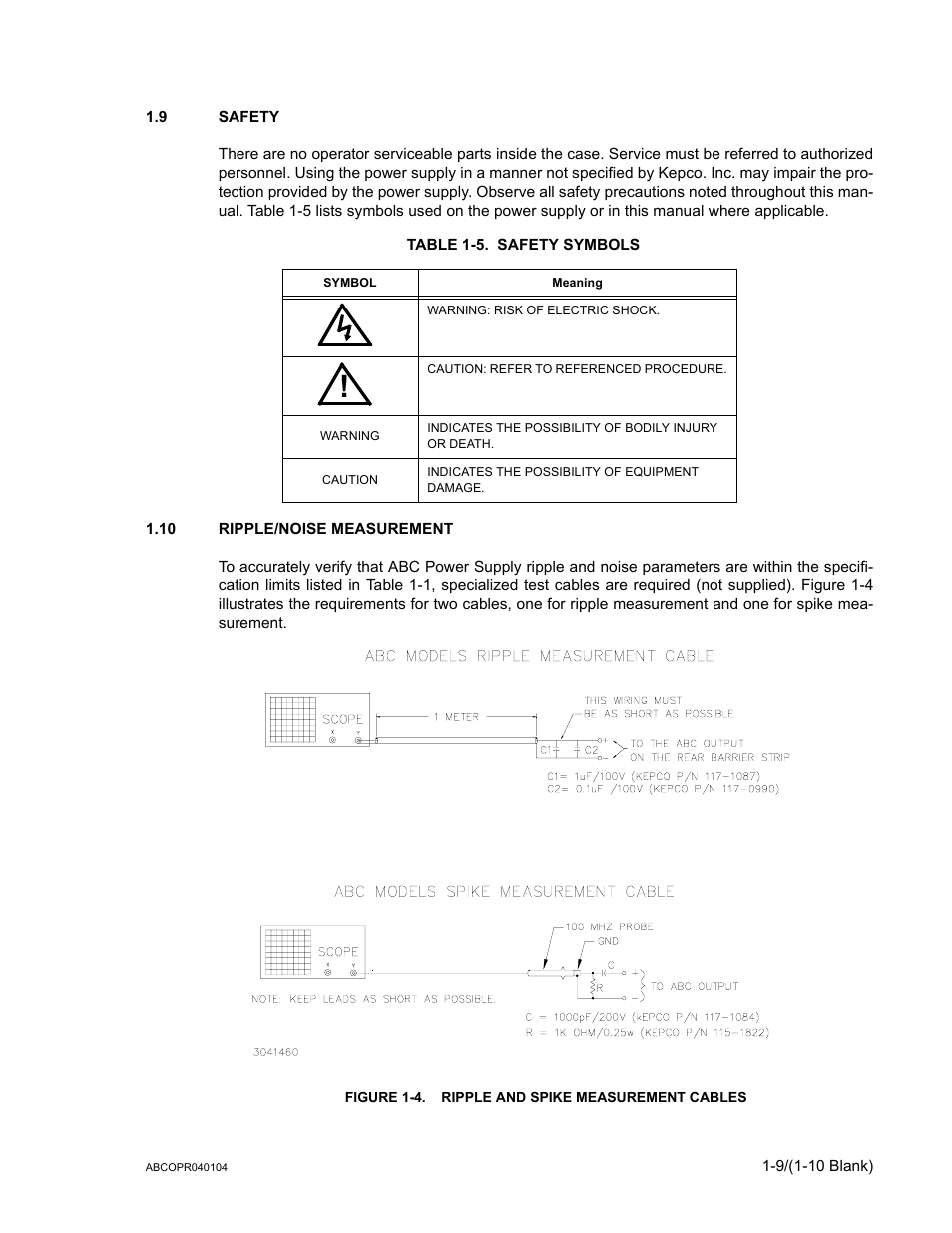 9 safety, Table 1-5. safety symbols, 10 ripple/noise measurement | Figure 1-4. ripple and spike measurement cables, Safety -9, Ripple/noise measurement -9, Ripple and spike measurement cables -9, Safety symbols -9 | KEPCO ABC-DM SERIES User Manual | Page 23 / 96