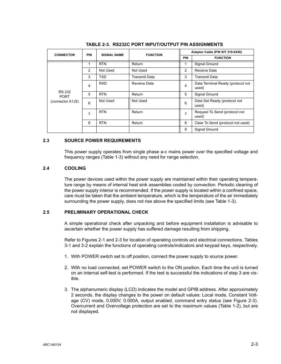 3 source power requirements, 4 cooling, 5 preliminary operational check | Source power requirements -3, Cooling -3, Preliminary operational check -3, Rs232c port input/output pin assignments -3, If an | KEPCO ABC-DM SERIES User Manual | Page 27 / 96