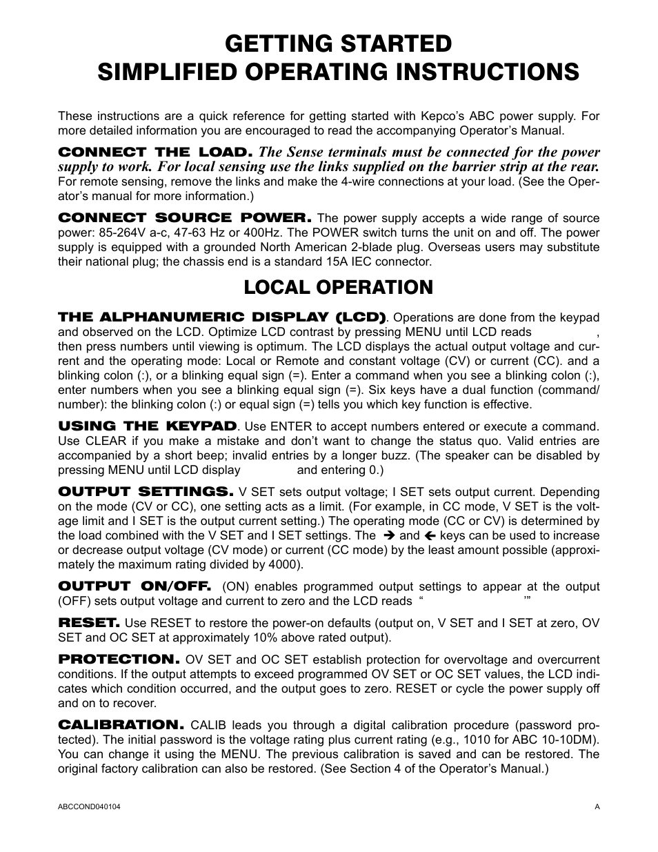 Getting started simplified operating instructions, Local operation | KEPCO ABC-DM SERIES User Manual | Page 3 / 96