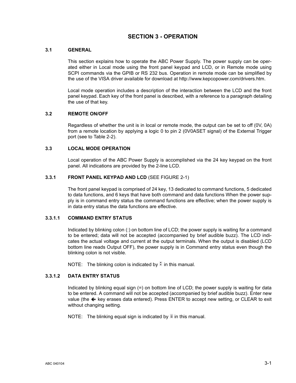 Section 3 - operation, 1 general, 2 remote on/off | 3 local mode operation, 1 front panel keypad and lcd, 1 command entry status, 2 data entry status, General -1, Remote on/off -1, Local mode operation -1 | KEPCO ABC-DM SERIES User Manual | Page 33 / 96