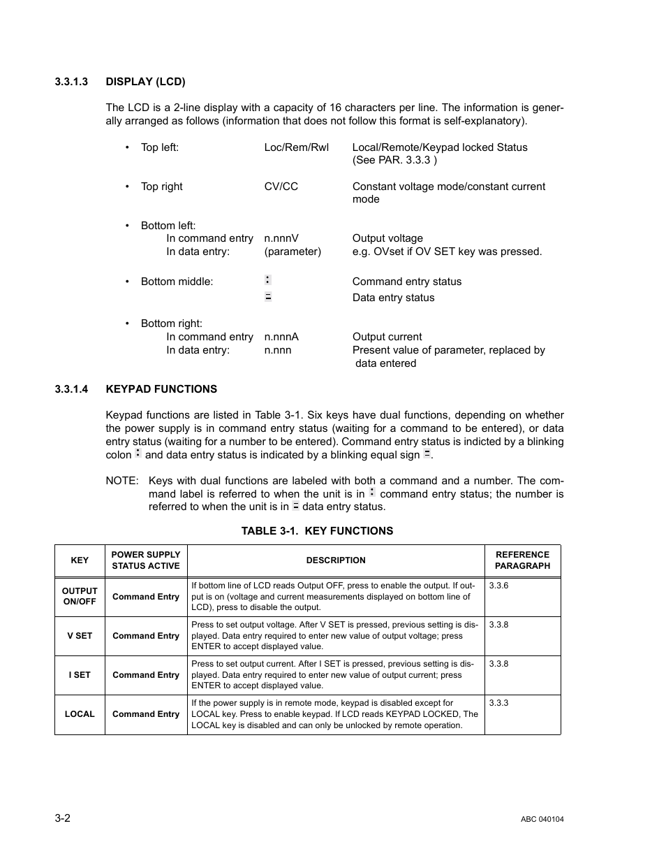 3 display (lcd), 4 keypad functions, Table 3-1. key functions | Display (lcd) -2, Keypad functions -2, Key functions -2, E 3-1 | KEPCO ABC-DM SERIES User Manual | Page 34 / 96