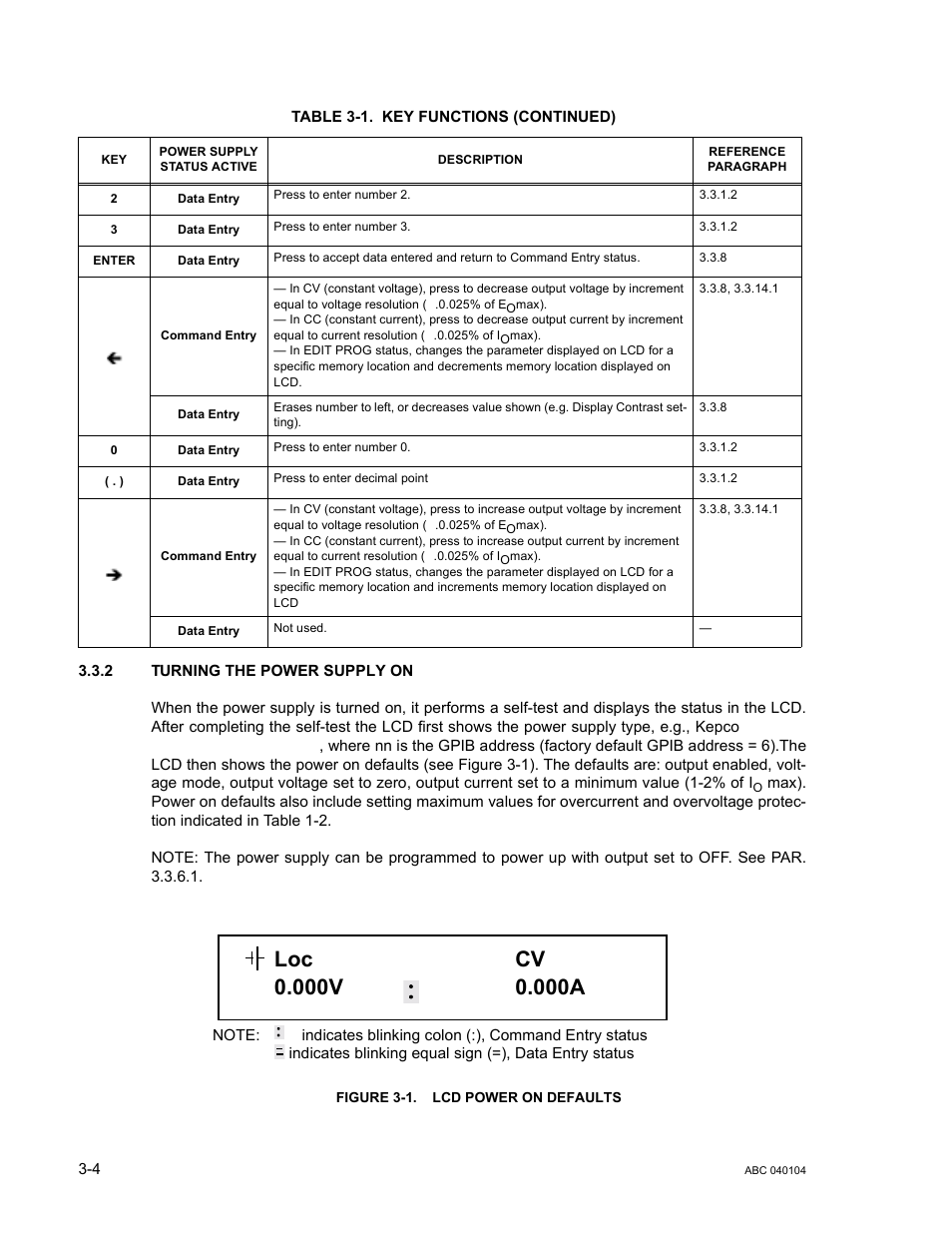 2 turning the power supply on, Figure 3-1. lcd power on defaults, Turning the power supply on -4 | Lcd power on defaults -4 | KEPCO ABC-DM SERIES User Manual | Page 36 / 96