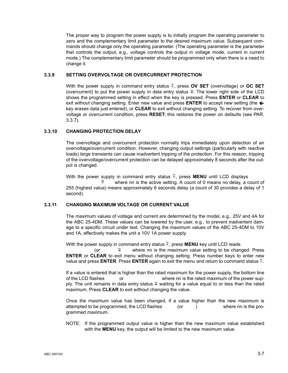 9 setting overvoltage or overcurrent protection, 10 changing protection delay, 11 changing maximum voltage or current value | Setting overvoltage or overcurrent protection -7, Changing protection delay -7, Changing maximum voltage or current value -7, R. 3.3.11 | KEPCO ABC-DM SERIES User Manual | Page 39 / 96