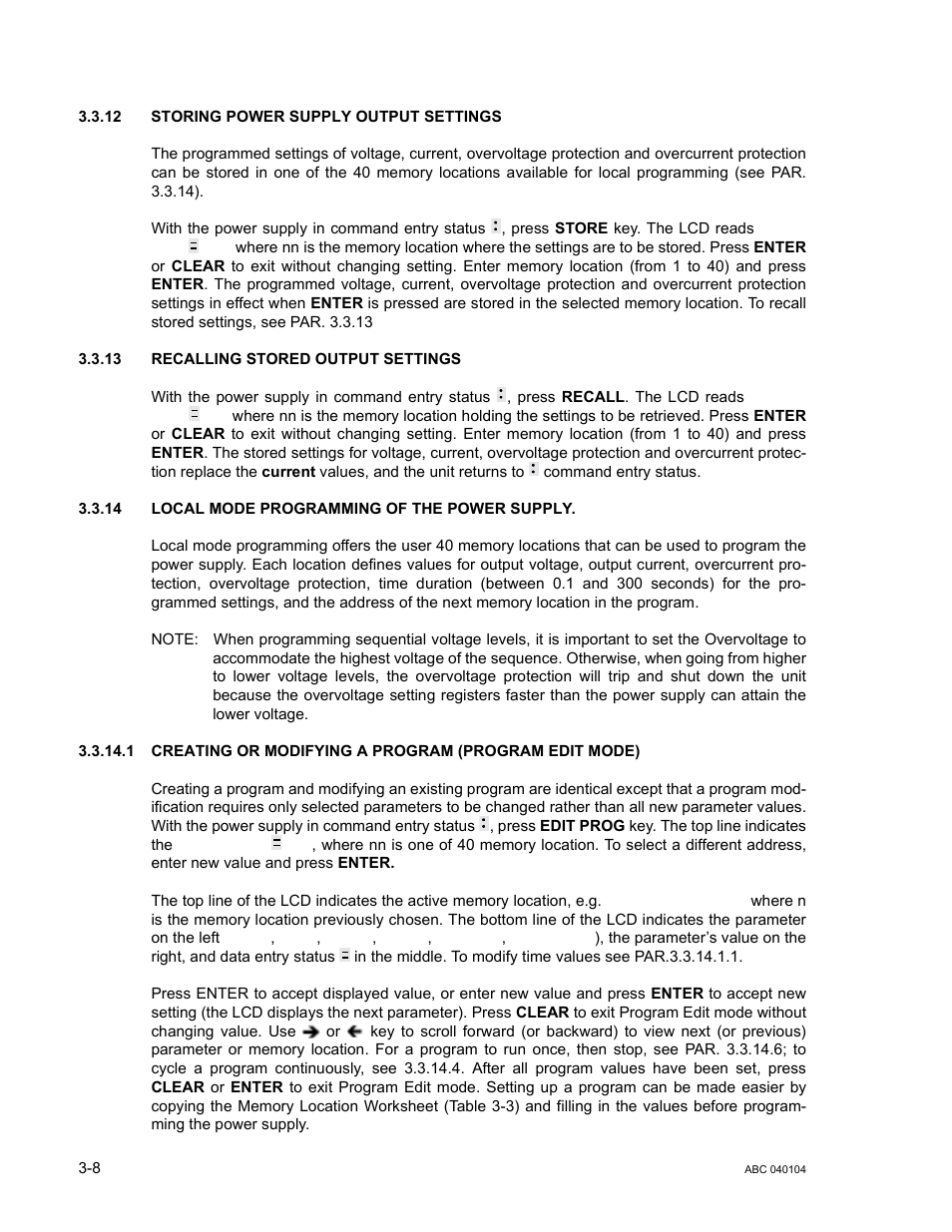 12 storing power supply output settings, 13 recalling stored output settings, 14 local mode programming of the power supply | Storing power supply output settings -8, Recalling stored output settings -8, Local mode programming of the power supply -8 | KEPCO ABC-DM SERIES User Manual | Page 40 / 96