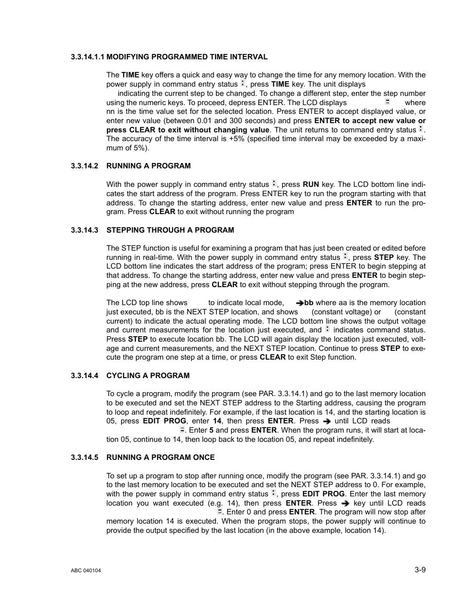 1 modifying programmed time interval, 2 running a program, 3 stepping through a program | 4 cycling a program, 5 running a program once, Modifying programmed time interval -9, Running a program -9, Stepping through a program -9, Cycling a program -9, Running a program once -9 | KEPCO ABC-DM SERIES User Manual | Page 41 / 96