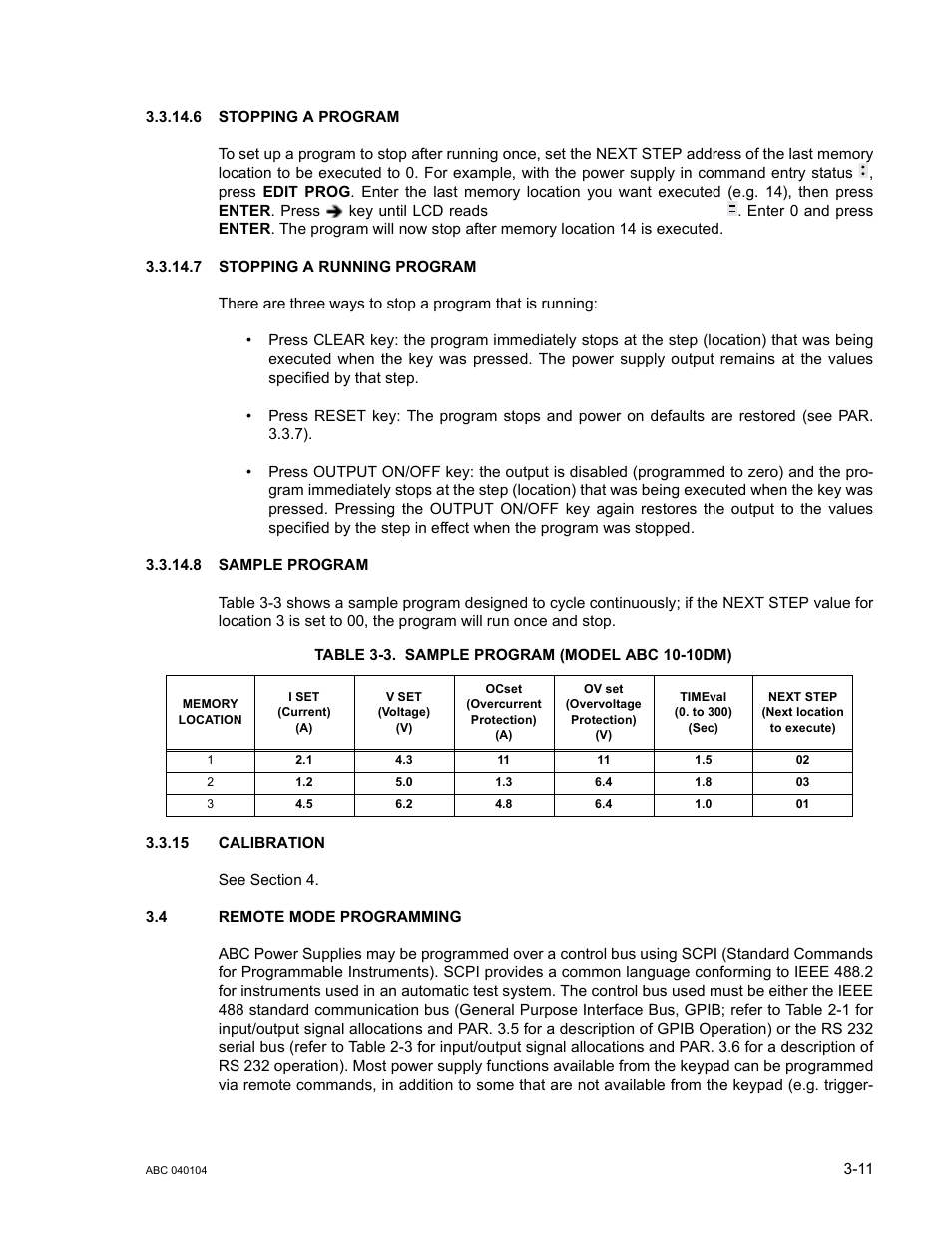 6 stopping a program, 7 stopping a running program, 8 sample program | Table 3-3. sample program (model abc 10-10dm), 15 calibration, 4 remote mode programming, Stopping a program -11, Stopping a running program -11, Sample program -11, Calibration -11 | KEPCO ABC-DM SERIES User Manual | Page 43 / 96