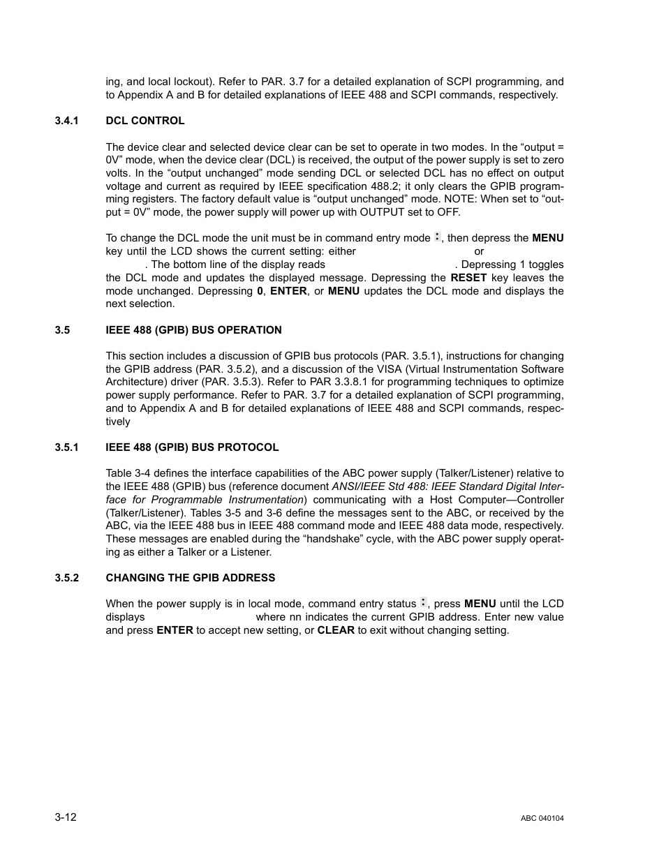 1 dcl control, 5 ieee 488 (gpib) bus operation, 1 ieee 488 (gpib) bus protocol | 2 changing the gpib address, Dcl control -12, Ieee 488 (gpib) bus operation -12, Ieee 488 (gpib) bus protocol -12, Changing the gpib address -12 | KEPCO ABC-DM SERIES User Manual | Page 44 / 96