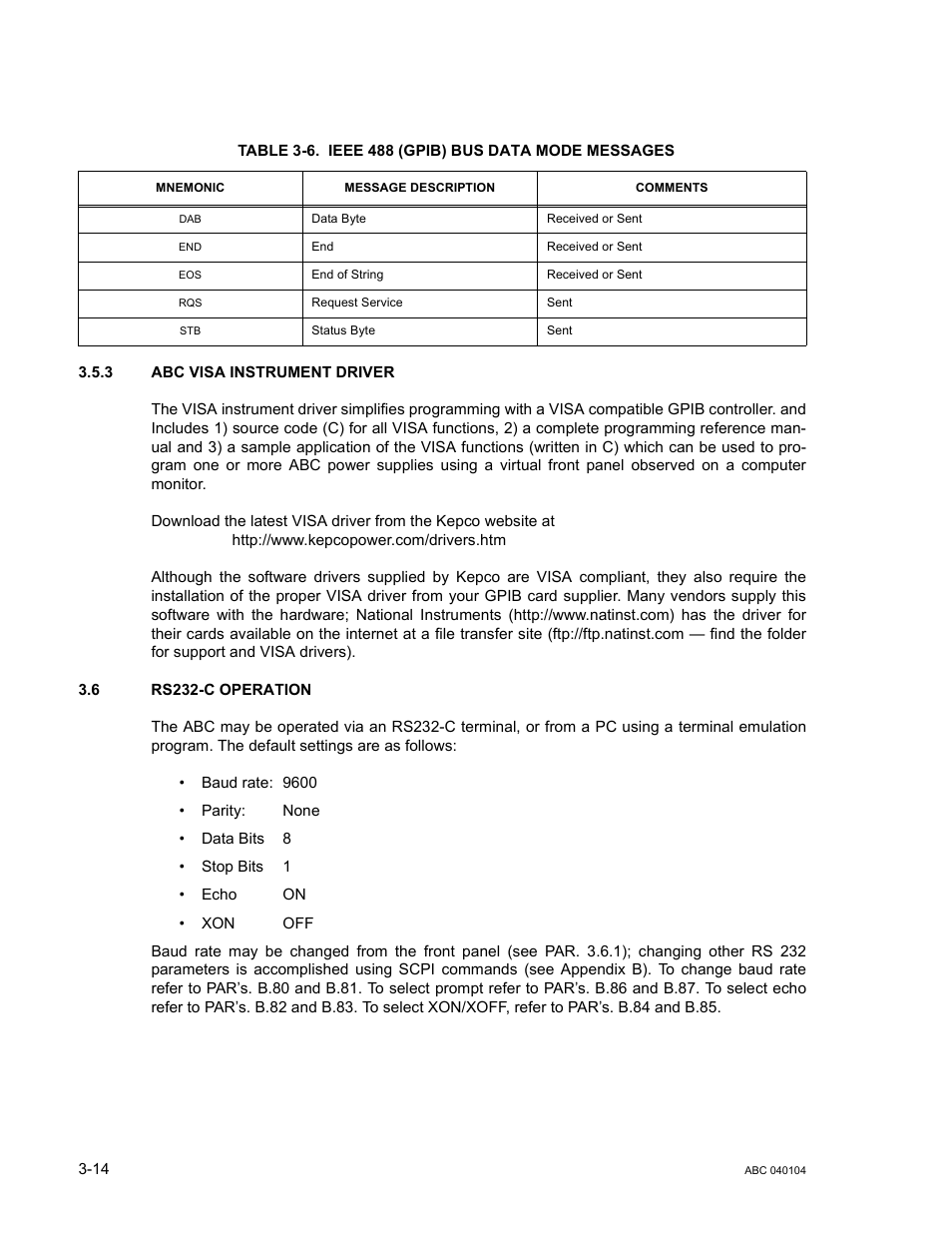 Table 3-6. ieee 488 (gpib) bus data mode messages, 3 abc visa instrument driver, 6 rs232-c operation | Abc visa instrument driver -14, Rs232-c operation -14, Ieee 488 (gpib) bus data mode messages -14 | KEPCO ABC-DM SERIES User Manual | Page 46 / 96