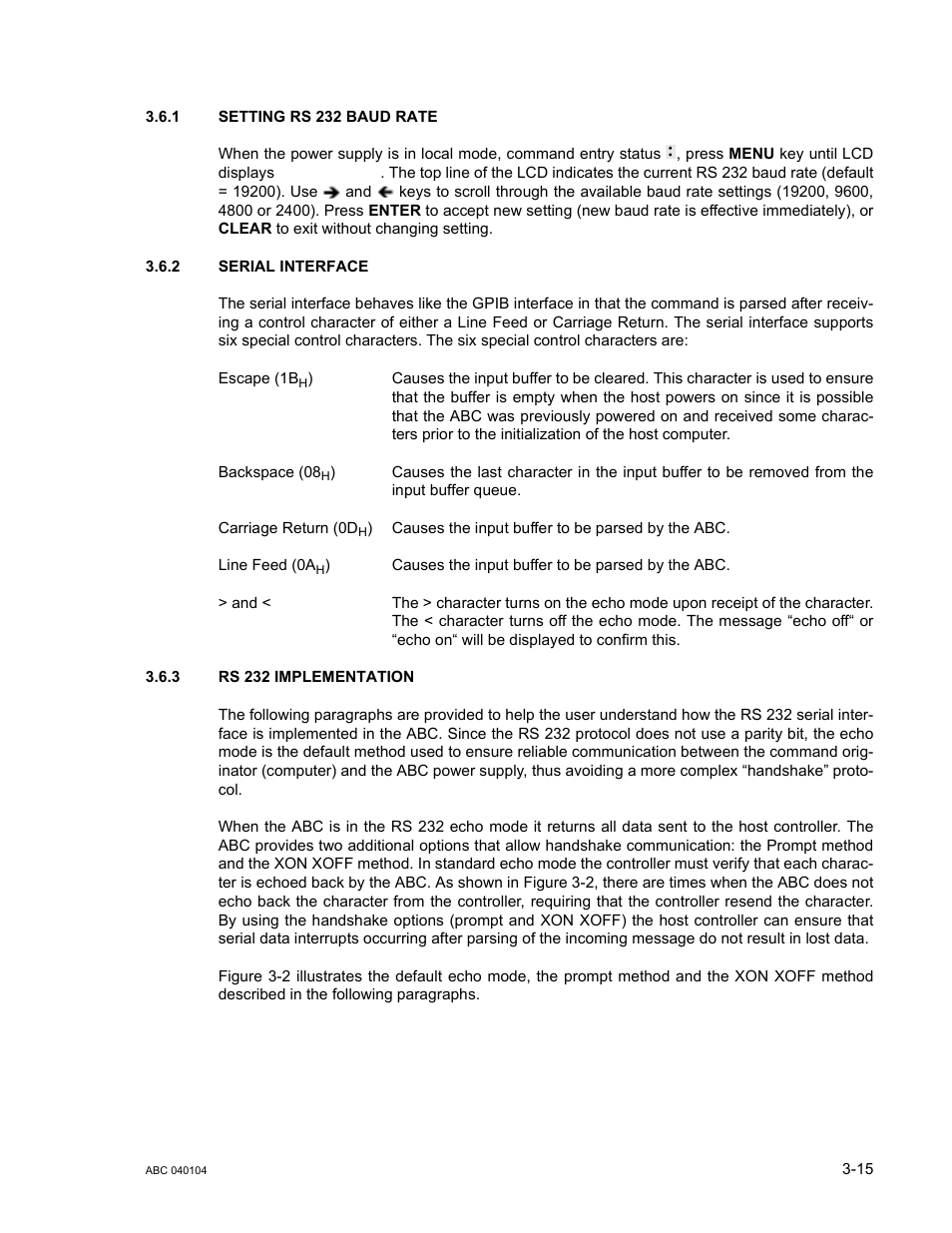 1 setting rs 232 baud rate, 2 serial interface, 3 rs 232 implementation | Setting rs 232 baud rate -15, Serial interface -15, Rs 232 implementation -15 | KEPCO ABC-DM SERIES User Manual | Page 47 / 96