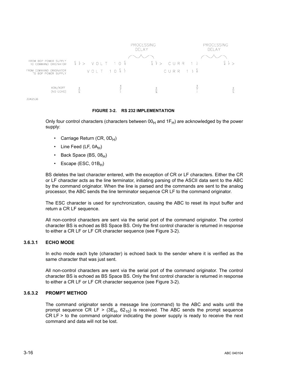 Figure 3-2. rs 232 implementation, 1 echo mode, 2 prompt method | Echo mode -16, Prompt method -16, Rs 232 implementation -16 | KEPCO ABC-DM SERIES User Manual | Page 48 / 96