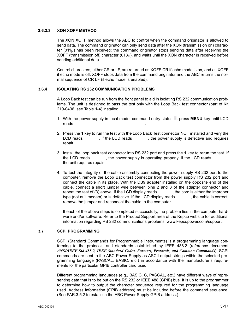 3 xon xoff method, 4 isolating rs 232 communication problems, 7 scpi programming | Xon xoff method -17, Isolating rs 232 communication problems -17, Scpi programming -17, 7 fo | KEPCO ABC-DM SERIES User Manual | Page 49 / 96