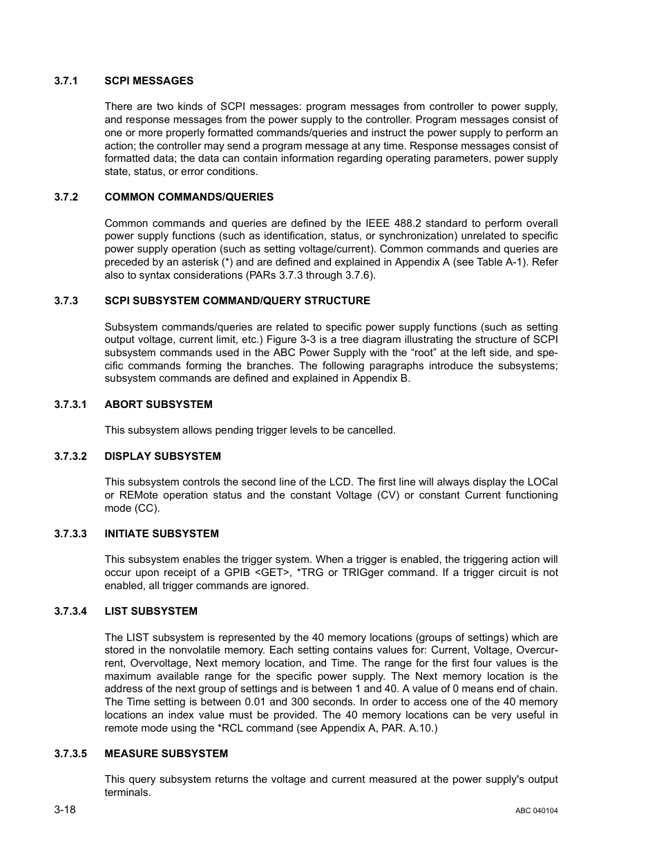 1 scpi messages, 2 common commands/queries, 3 scpi subsystem command/query structure | 1 abort subsystem, 2 display subsystem, 3 initiate subsystem, 4 list subsystem, 5 measure subsystem, Scpi messages -18, Common commands/queries -18 | KEPCO ABC-DM SERIES User Manual | Page 50 / 96