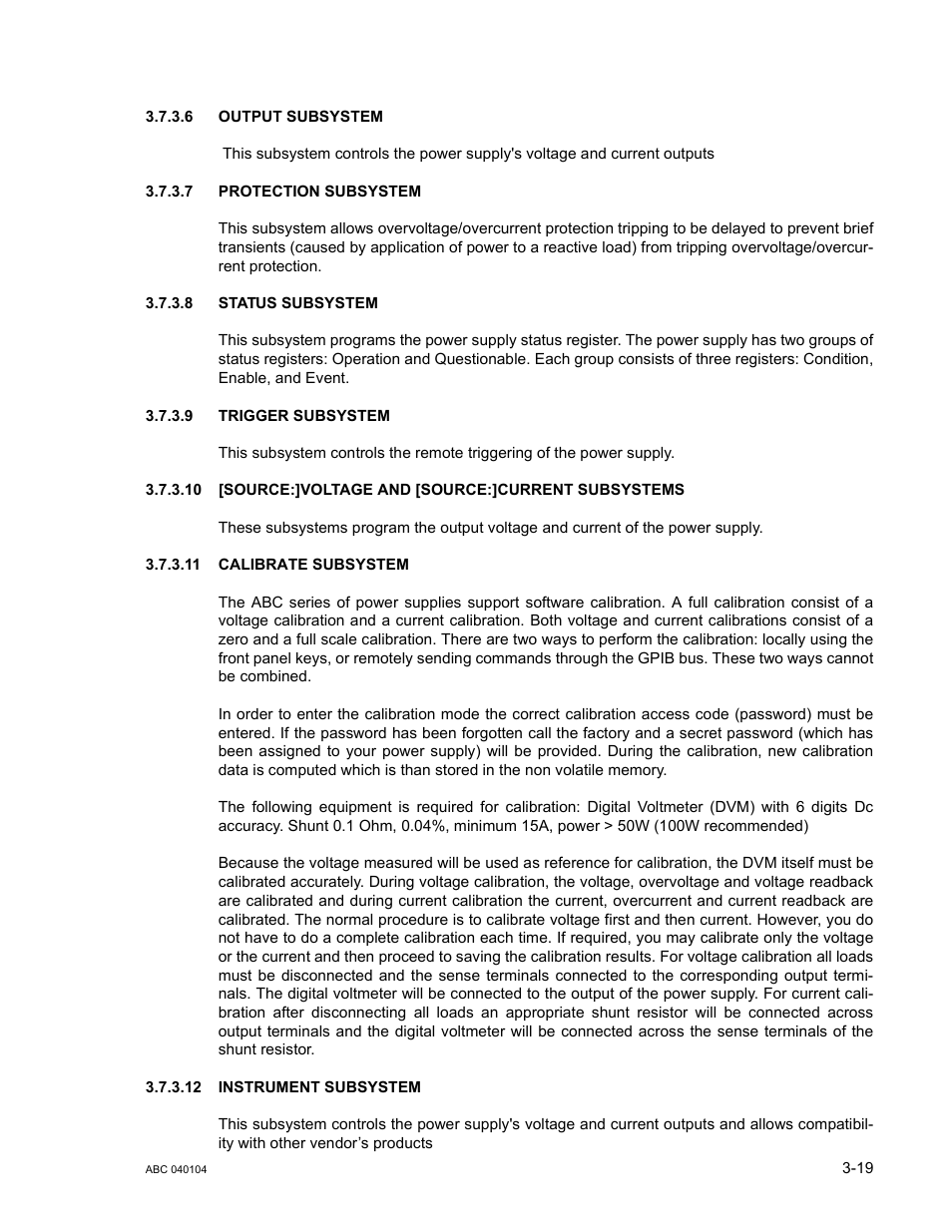 6 output subsystem, 7 protection subsystem, 8 status subsystem | 9 trigger subsystem, 11 calibrate subsystem, 12 instrument subsystem, Output subsystem -19, Protection subsystem -19, Status subsystem -19, Trigger subsystem -19 | KEPCO ABC-DM SERIES User Manual | Page 51 / 96