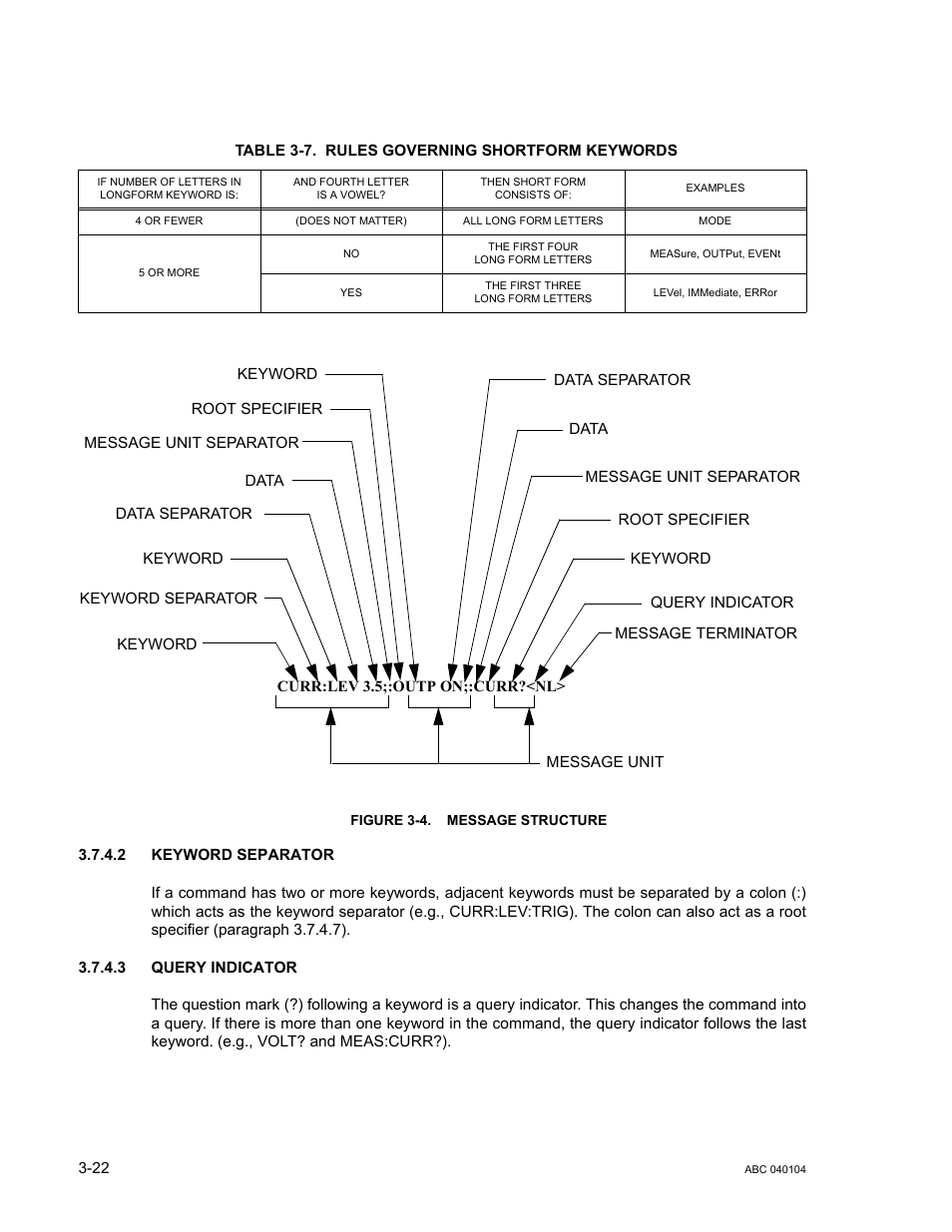 Table 3-7. rules governing shortform keywords, Figure 3-4. message structure, 2 keyword separator | 3 query indicator, Keyword separator -22, Query indicator -22, Message structure -22, Rules governing shortform keywords -22 | KEPCO ABC-DM SERIES User Manual | Page 54 / 96