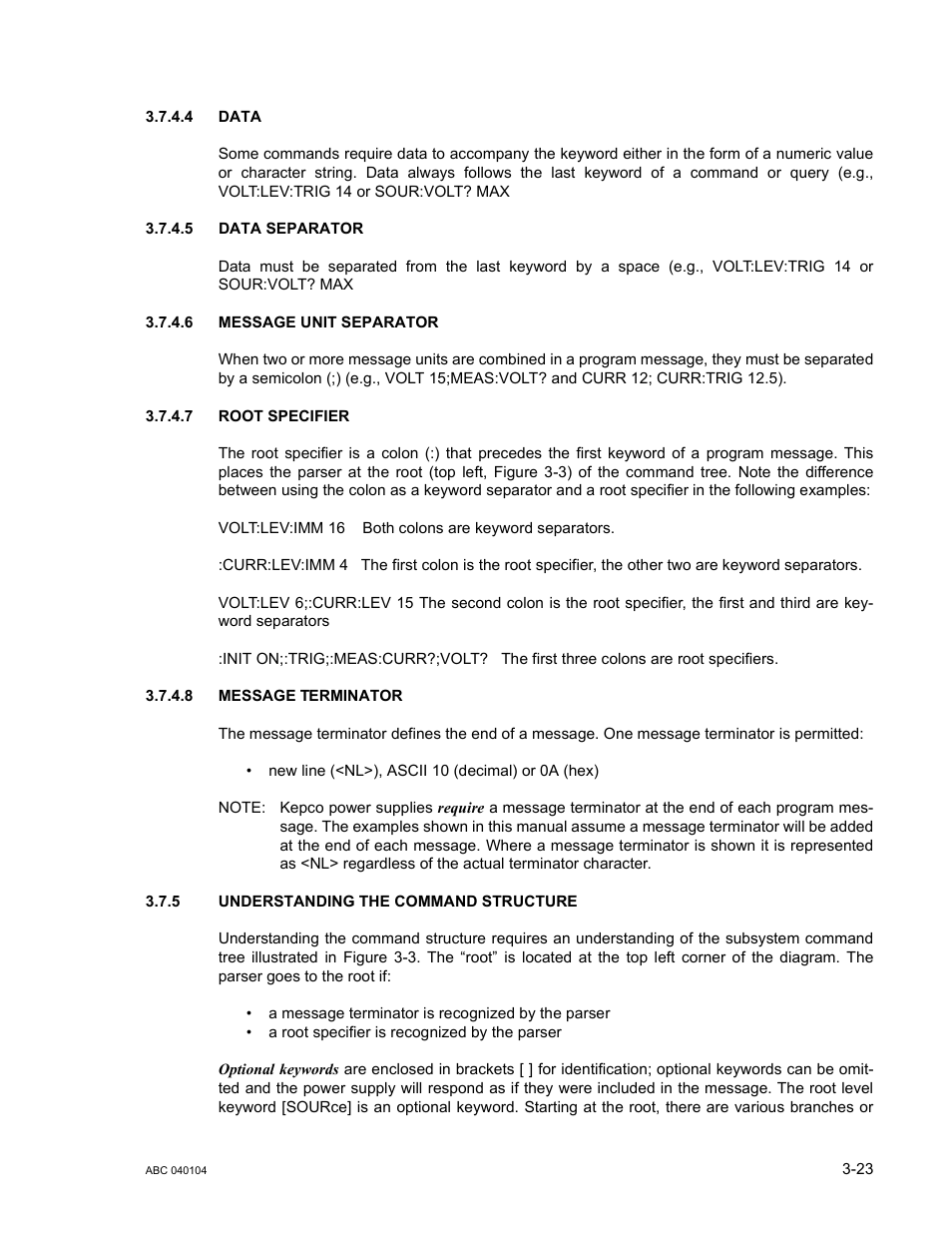 4 data, 5 data separator, 6 message unit separator | 7 root specifier, 8 message terminator, 5 understanding the command structure, Data -23, Data separator -23, Message unit separator -23, Root specifier -23 | KEPCO ABC-DM SERIES User Manual | Page 55 / 96