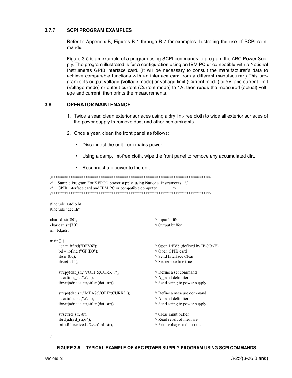 7 scpi program examples, 8 operator maintenance, Scpi program examples -25 | Operator maintenance -25 | KEPCO ABC-DM SERIES User Manual | Page 57 / 96
