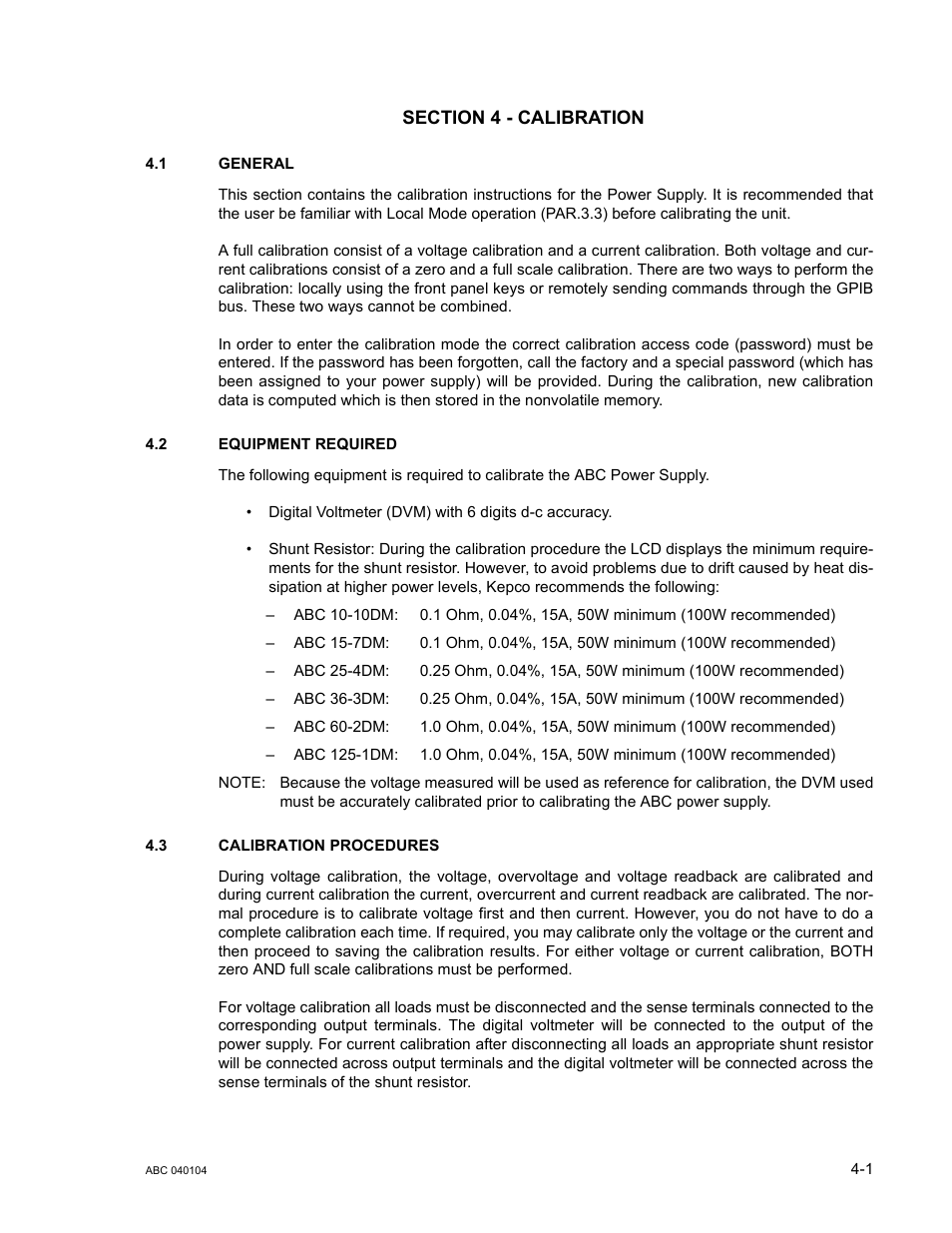 Section 4 - calibration, 1 general, 2 equipment required | 3 calibration procedures, General -1, Equipment required -1, Calibration procedures -1 | KEPCO ABC-DM SERIES User Manual | Page 59 / 96