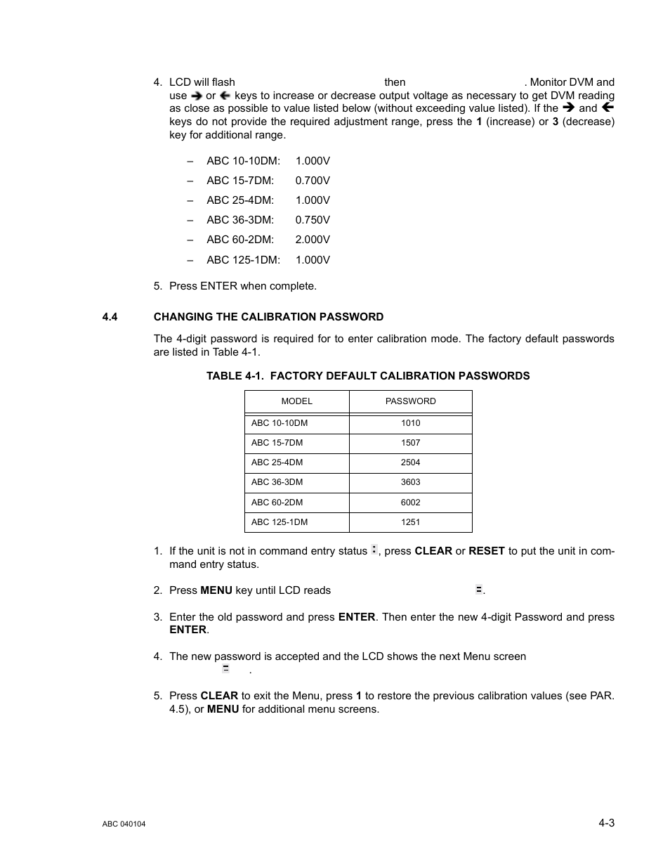 4 changing the calibration password, Table 4-1. factory default calibration passwords, Changing the calibration password -3 | Factory default calibration passwords -3, 4 to c | KEPCO ABC-DM SERIES User Manual | Page 61 / 96