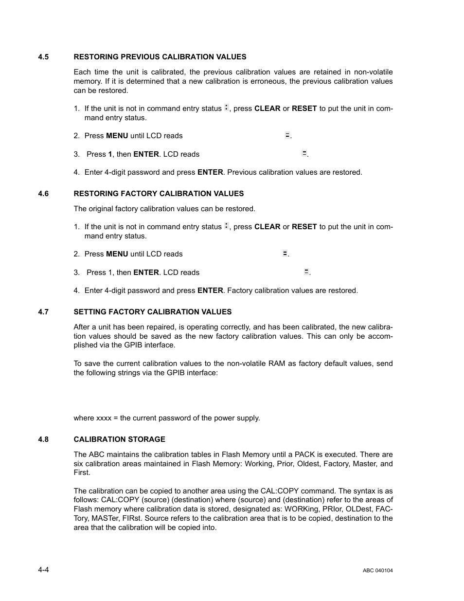 5 restoring previous calibration values, 6 restoring factory calibration values, 7 setting factory calibration values | 8 calibration storage, Restoring previous calibration values -4, Restoring factory calibration values -4, Setting factory calibration values -4, Calibration storage -4 | KEPCO ABC-DM SERIES User Manual | Page 62 / 96