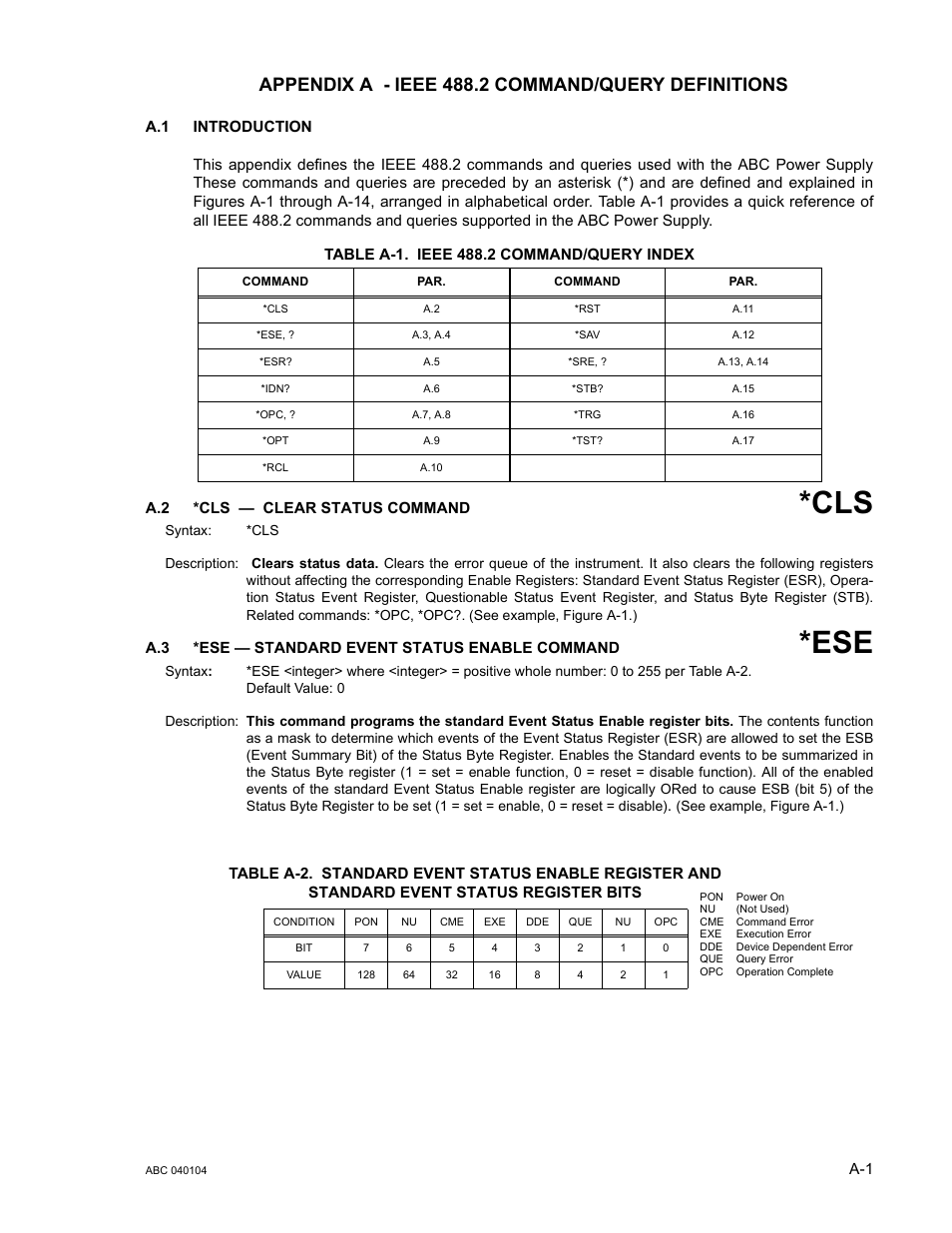 Appendix a - ieee 488.2 command/query definitions, Table a-1. ieee 488.2 command/query index, A.2 *cls — clear status command | A.3 *ese — standard event status enable command | KEPCO ABC-DM SERIES User Manual | Page 65 / 96