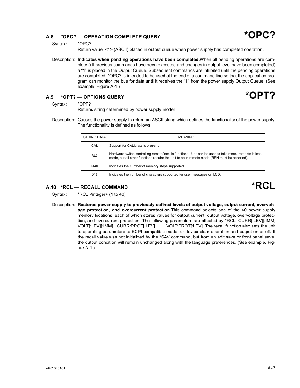 A.8 *opc? — operation complete query, A.9 *opt? — options query, A.10 *rcl — recall command | A.10 | KEPCO ABC-DM SERIES User Manual | Page 67 / 96