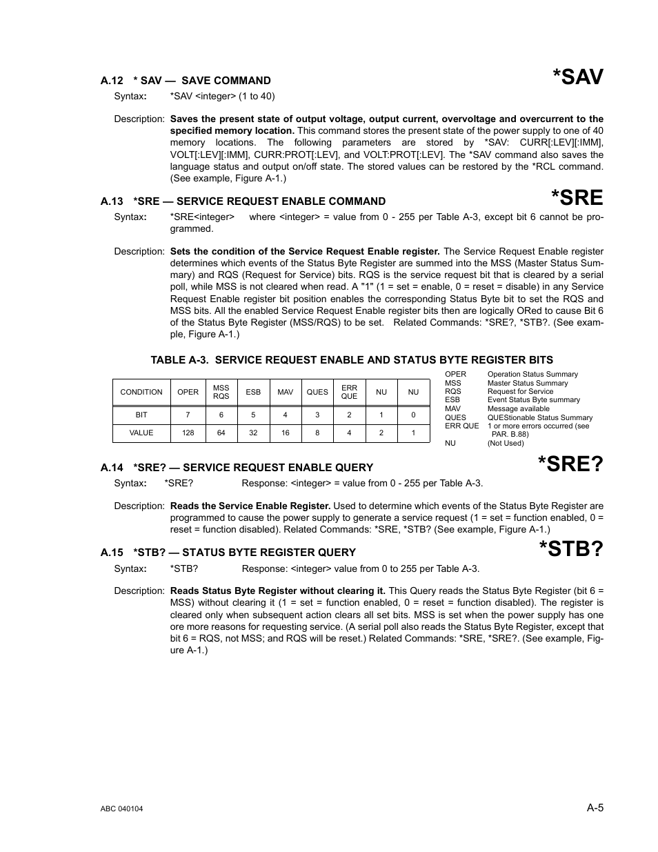 A.12 * sav — save command, A.13 *sre — service request enable command, A.14 *sre? — service request enable query | A.15 *stb? — status byte register query, A.12, A.13, A.14, A.15 | KEPCO ABC-DM SERIES User Manual | Page 69 / 96