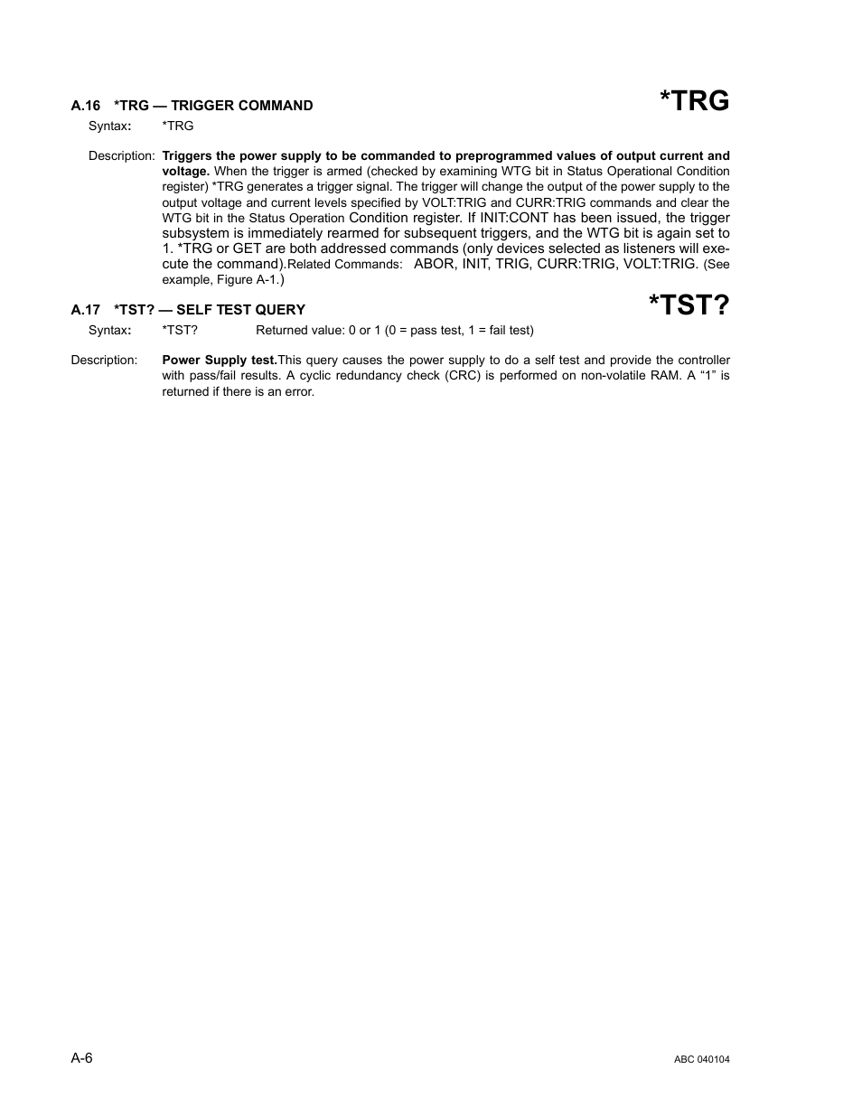 A.16 *trg — trigger command, A.17 *tst? — self test query, A.16 | A.17 | KEPCO ABC-DM SERIES User Manual | Page 70 / 96
